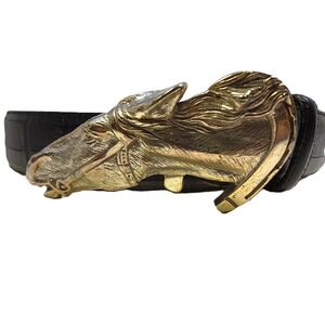 Brighton Vintage Black Leather Silver-toned Horse Head Belt Women's Med Buckle